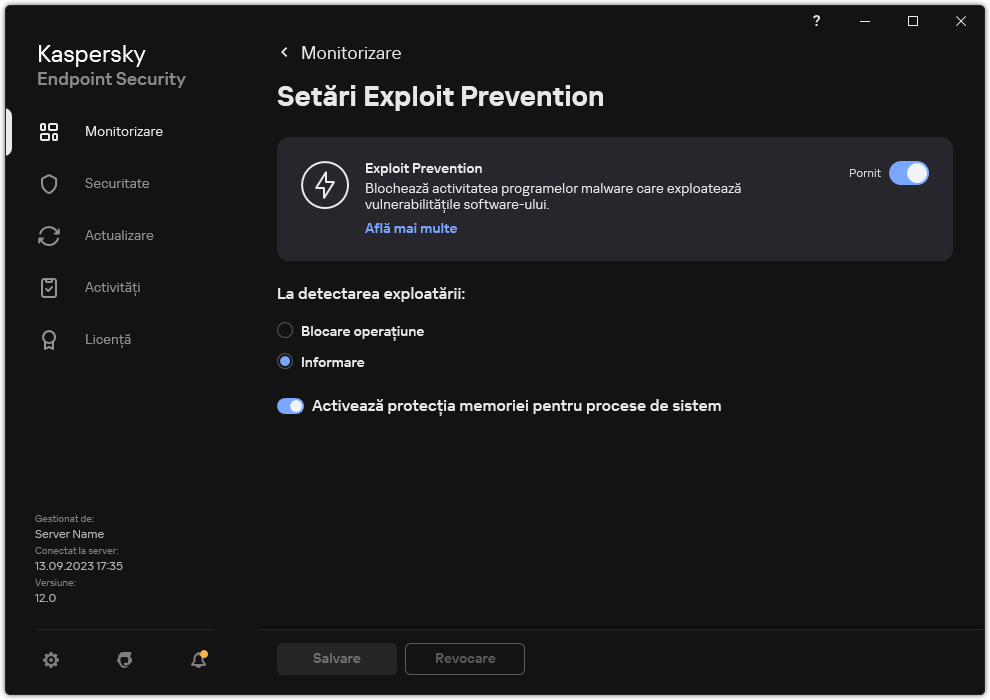 Fereastra de setări Exploit Prevention