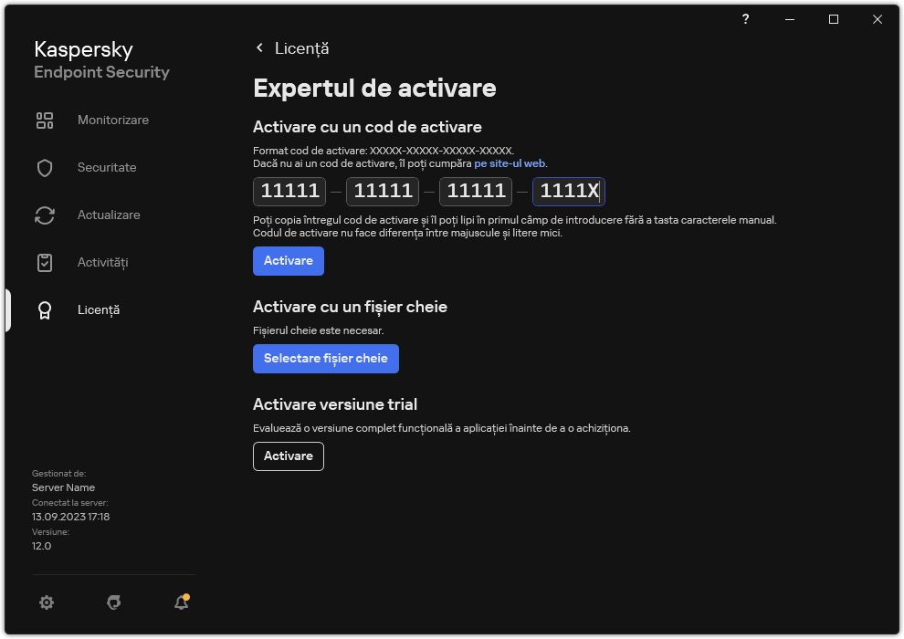 Fereastra cu instrumentele de activare a aplicației. Utilizatorul poate introduce un cod de activare sau poate selecta un fișier cheie.