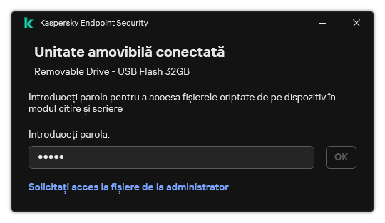 Fereastra conține un câmp de introducere a parolei. Utilizatorul poate crea o solicitare de acces la fișier.