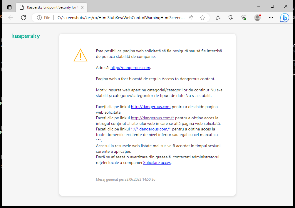 Notificare Kaspersky despre vizitarea unei pagini web nesigure în fereastra browserului. Utilizatorul poate crea o solicitare de accesare a resursei web.