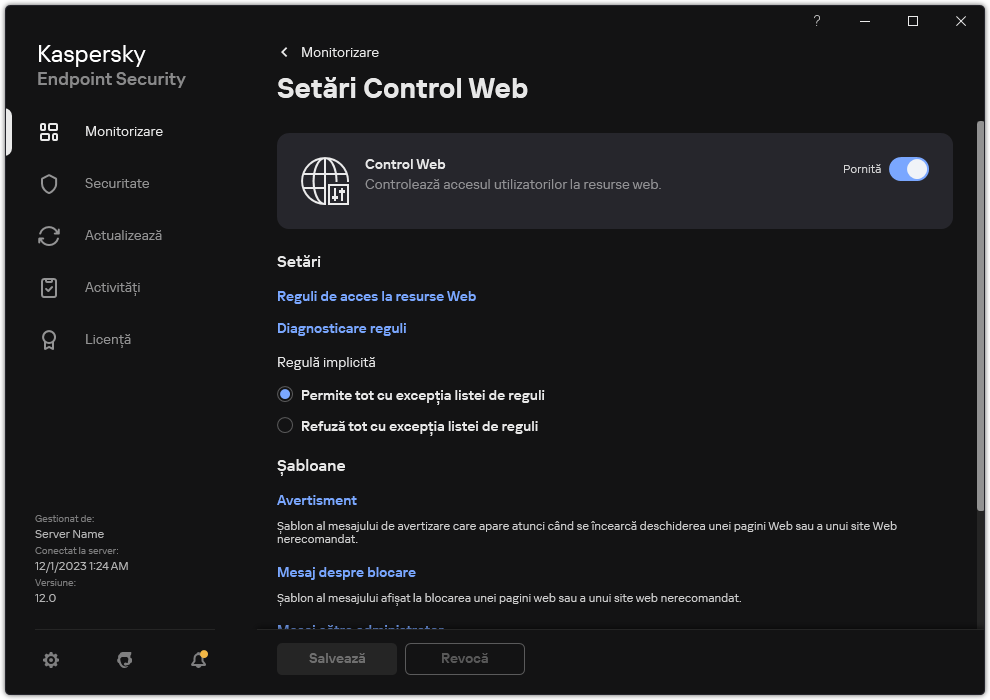 Fereastra de setări Control Web.