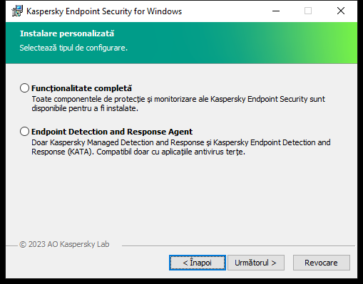 Fereastra programului de instalare cu configurarea aplicației: funcționalitate completă sau Agent Endpoint Detection and Response.