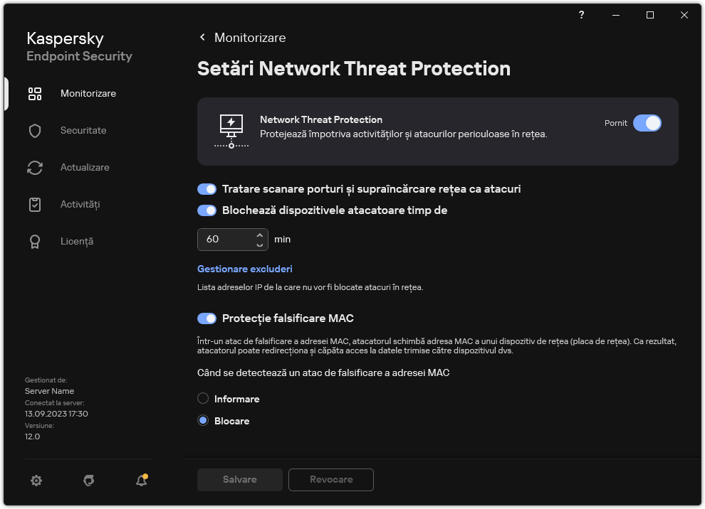 Fereastra de setări Network Threat Protection