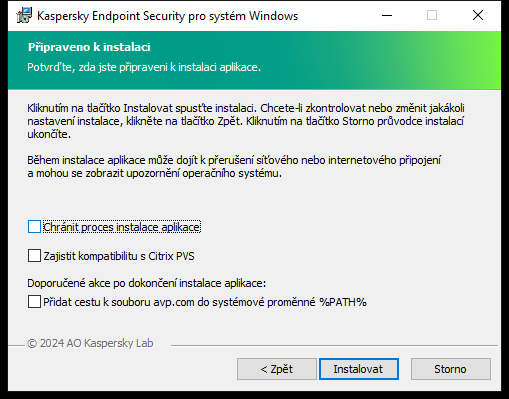 Okno nastavení instalace: ochrana instalace, kompatibilita s Citrix PVS, systémová proměnná pro avp.com.