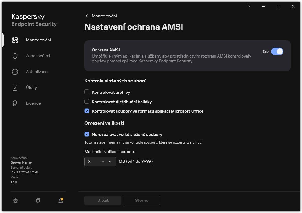 Okno nastavení součásti Ochrana AMSI.
