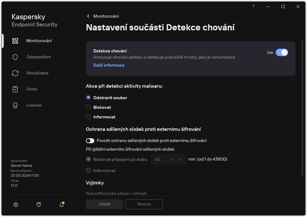Okno nastavení součásti Detekce chování.