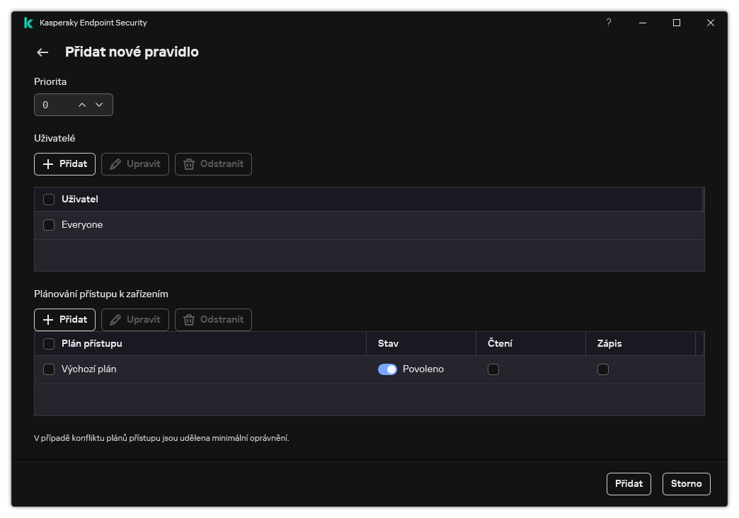 Okno konfigurace pravidla součásti Kontrola zařízení. Uživatel může přiřadit prioritu pravidla, přidat uživatele do pravidla a nastavit plán pravidel.