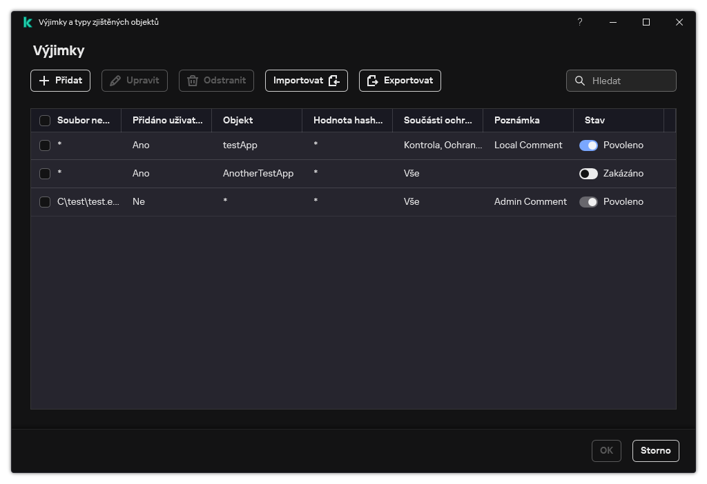 Okno se seznamem výjimek. Zobrazí se vlastnosti výjimky. Uživatel může přidávat, upravovat nebo odstraňovat výjimky.