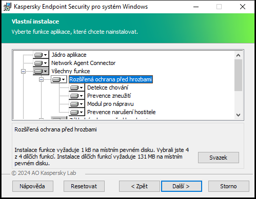 Okno instalačního programu se seznamem součástí, které si uživatel může vybrat.