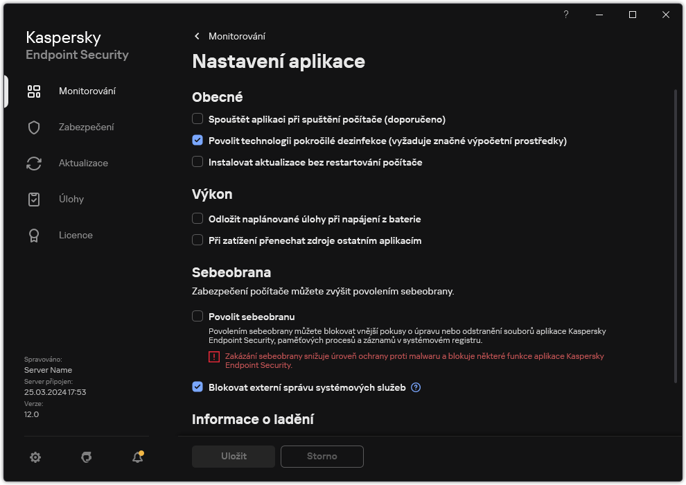 Okno Nastavení aplikace. Uživatel může konfigurovat výkon, sebeobranu a další nastavení.