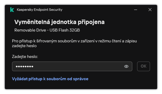 Okno obsahuje pole pro zadání hesla. Uživatel může vytvořit žádost o přístup k souboru.