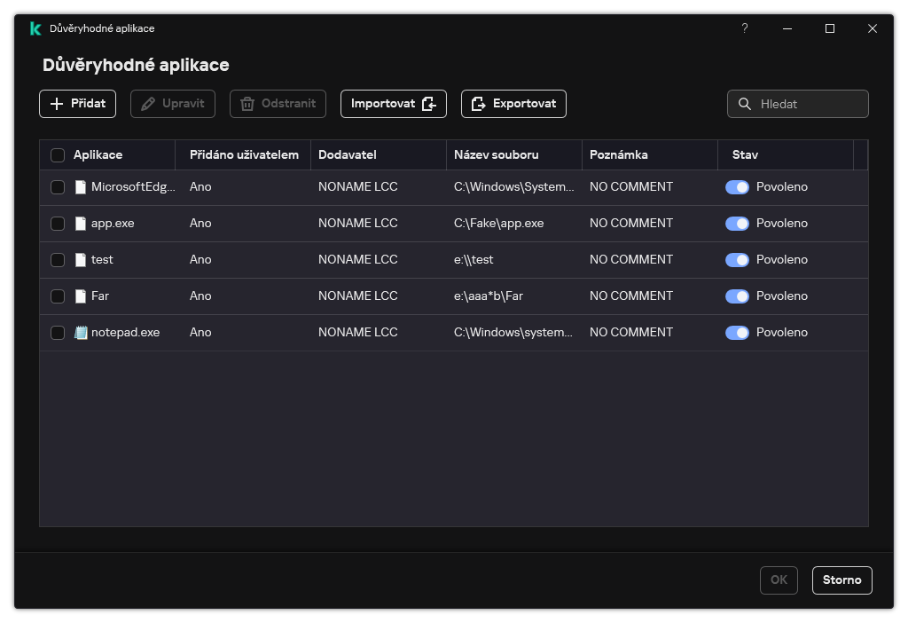 Okno se seznamem důvěryhodných aplikací. Uživatel může přidat, upravit nebo odebrat důvěryhodnou aplikaci.