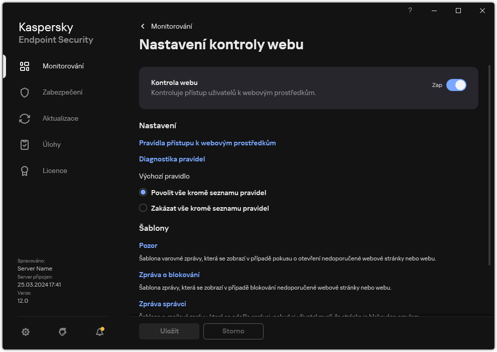 Nastavení součásti Kontrola webu.