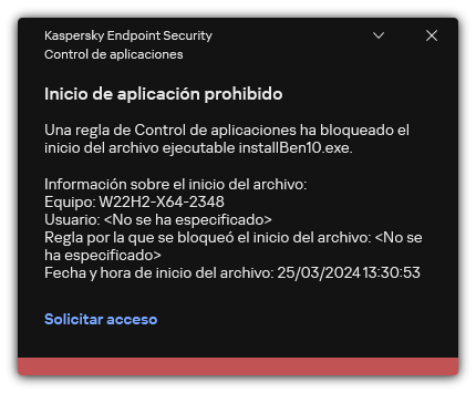 Notificación sobre el inicio de aplicaciones bloqueadas. El usuario puede crear una solicitud para iniciar la aplicación.