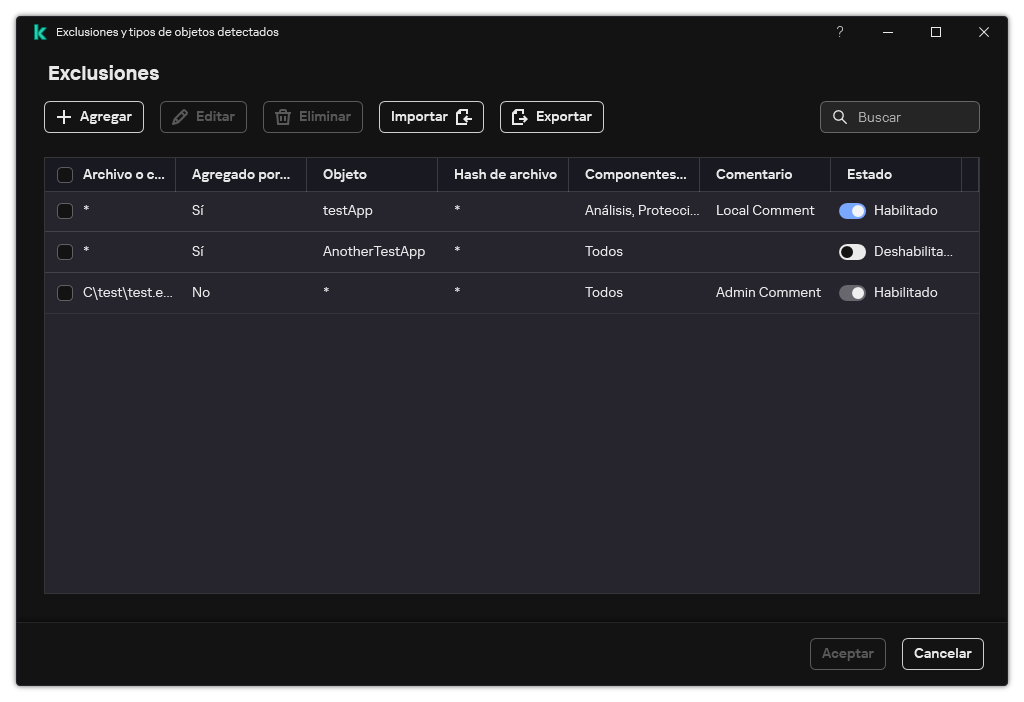 Una ventana con la lista de exclusiones. Se muestran las propiedades de exclusión. El usuario puede agregar, editar o eliminar exclusiones.