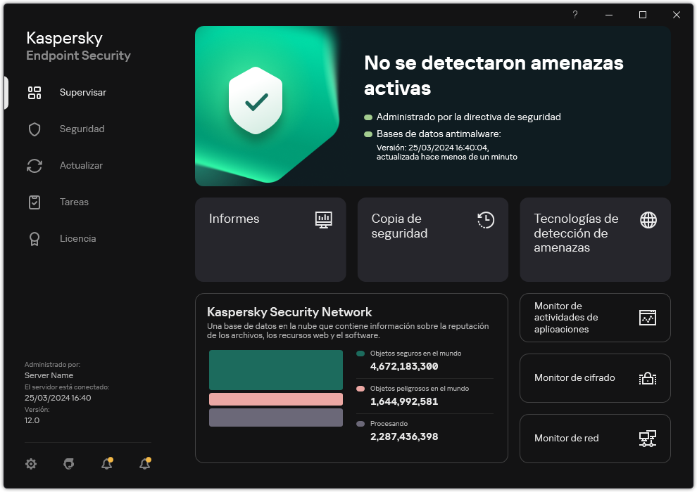 La ventana principal de la aplicación contiene secciones para la supervisión de la seguridad informática y el control de aplicaciones.