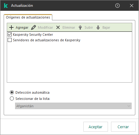 Una ventana con la lista de orígenes de actualizaciones. El usuario puede agregar orígenes de actualizaciones y asignar una prioridad a la fuente.