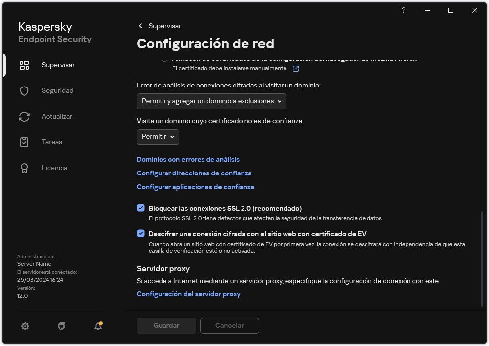 Ventana Configuración de red de la aplicación.
