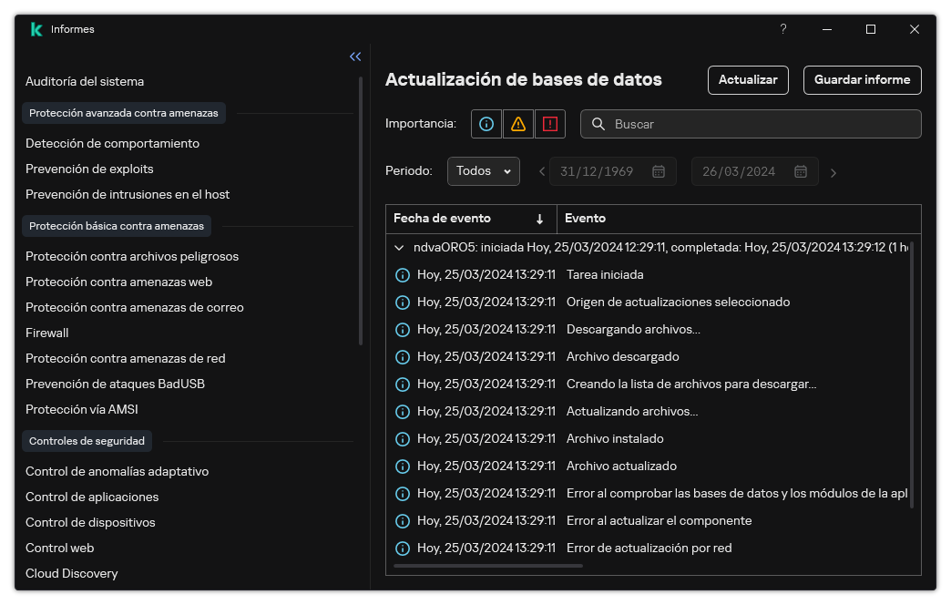 Una ventana con la lista de eventos en el informe. El usuario puede filtrar/ordenar eventos y guardar informes en un archivo.