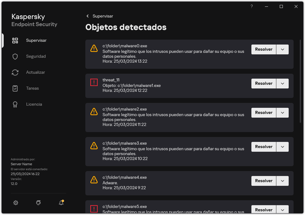 Una ventana con la lista de objetos detectados. Se muestra información sobre el objeto. El usuario puede resolver o quitar el objeto.