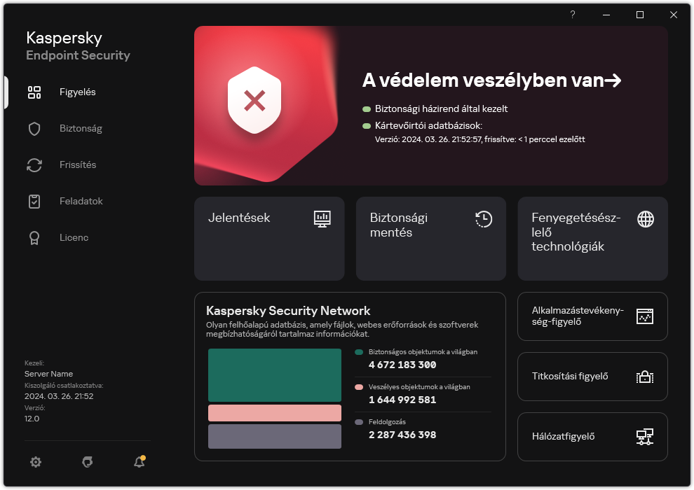 Az alkalmazás főablaka feldolgozatlan fenyegetések esetén. Megjelenik &bdquo;A biztonsága veszélyben van" üzenet.