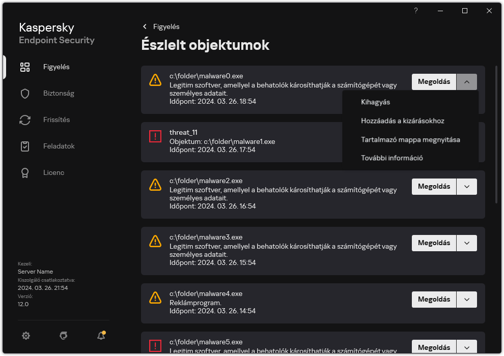 Egy ablak az észlelt objektumok listájával. Megjelenik az objektumra vonatkozó információ. A felhasználó feloldhatja vagy eltávolíthatja az objektumot.