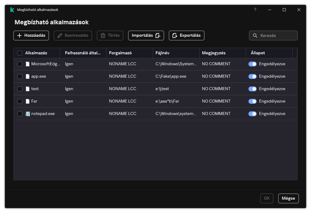 Egy ablak a megbízható alkalmazások listájával. A felhasználó hozzáadhat, szerkeszthet vagy eltávolíthat megbízható alkalmazásokat.
