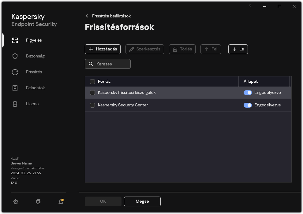 A frissítéőforrások listáját tartalmazó ablak. A felhasználó frissítési forrásokat adhat hozzá, és prioritást rendelhet a forráshoz.