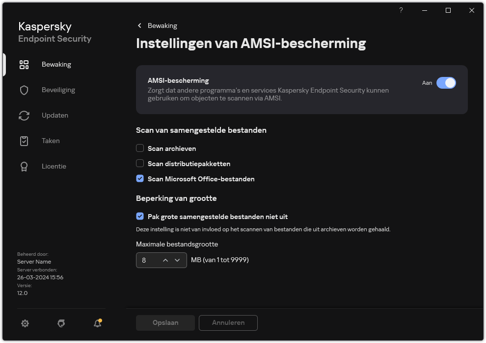 Venster voor instellingen van AMSI-bescherming