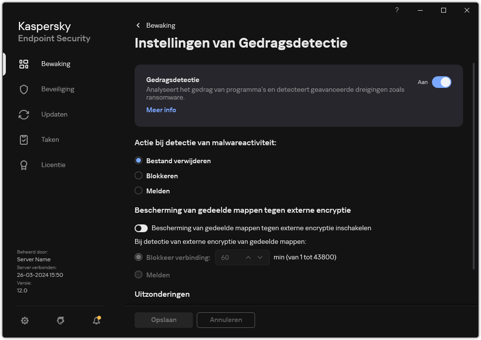 Venster Instellingen van Gedragsdetectie