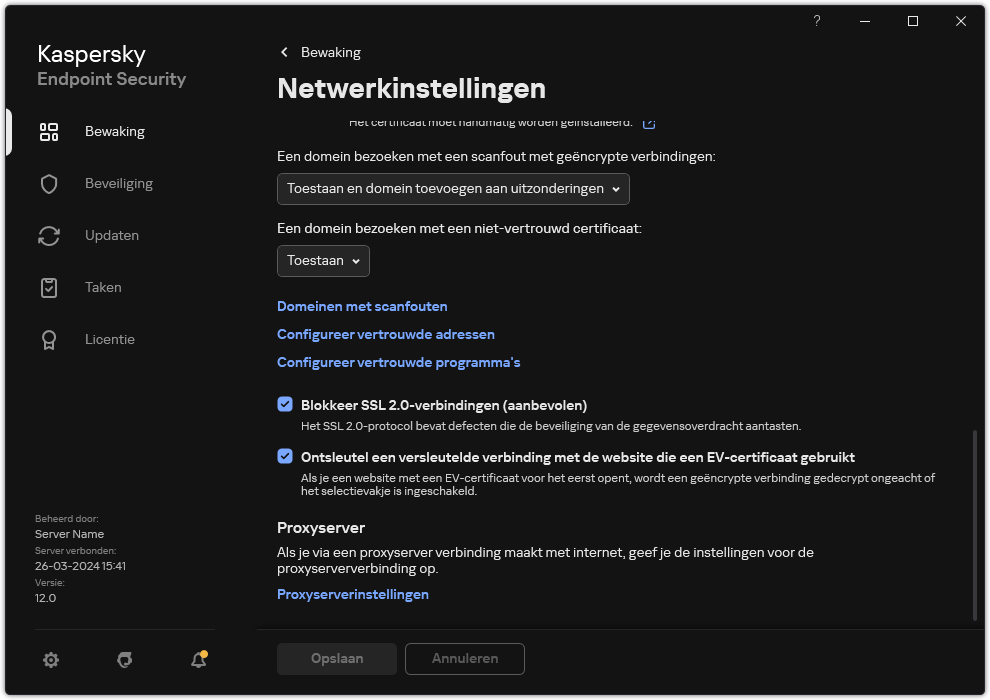 Venster met netwerkinstellingen van het programma.