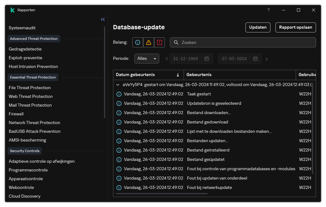 Een venster met de lijst van evenementen in het rapport. De gebruiker kan gebeurtenissen filteren/sorteren en rapporten opslaan in een bestand.
