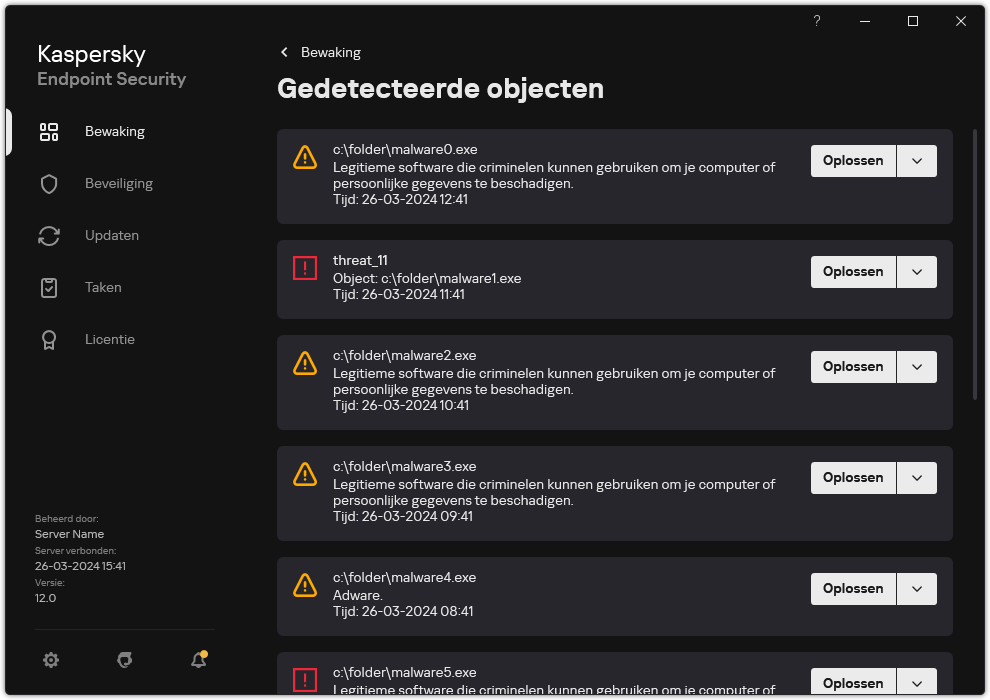Een venster met de lijst met gedetecteerde objecten. Er wordt informatie over het object weergegeven. De gebruiker kan het object oplossen of verwijderen.
