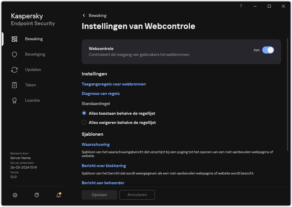 Webcontrole instellingen venster.