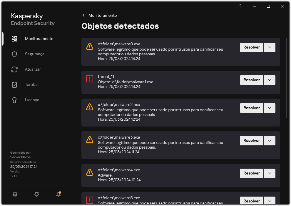 Uma janela com a lista de objetos detectados. As informações sobre o objeto são exibidas. O usuário pode resolver ou remover o objeto.