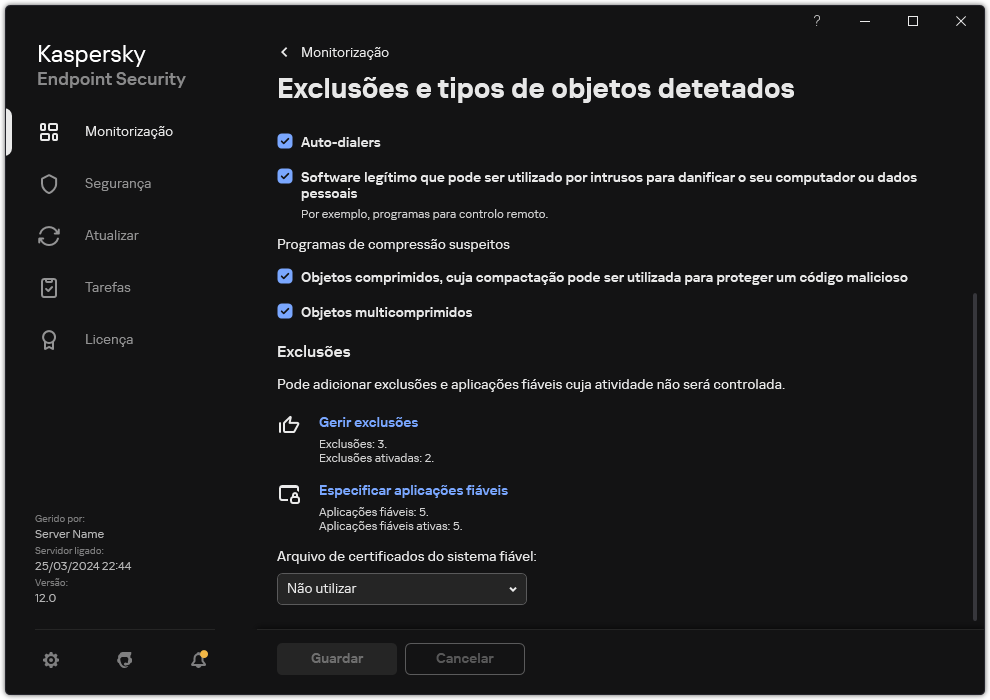 Janela de definições de exclusão. O utilizador pode adicionar exclusões e aplicações fiáveis.