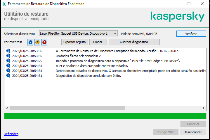 Uma janela com a lista de eventos do utilitário. O utilizador pode executar diagnósticos e desencriptar o dispositivo selecionado.