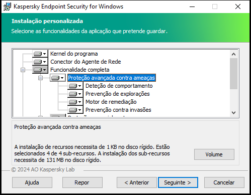 Janela de instalação com uma lista de componentes que um utilizador pode selecionar.