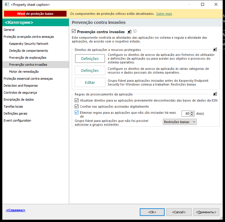 Janela de definições de Prevenção contra intrusões.