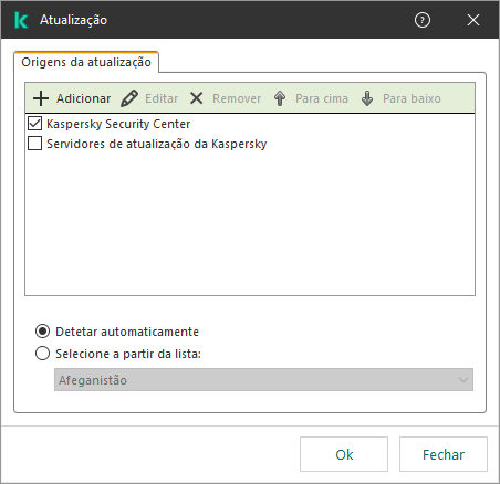 Uma janela com a lista das origens de atualização. O utilizador pode adicionar origens de atualização e atribuir uma prioridade à origem.
