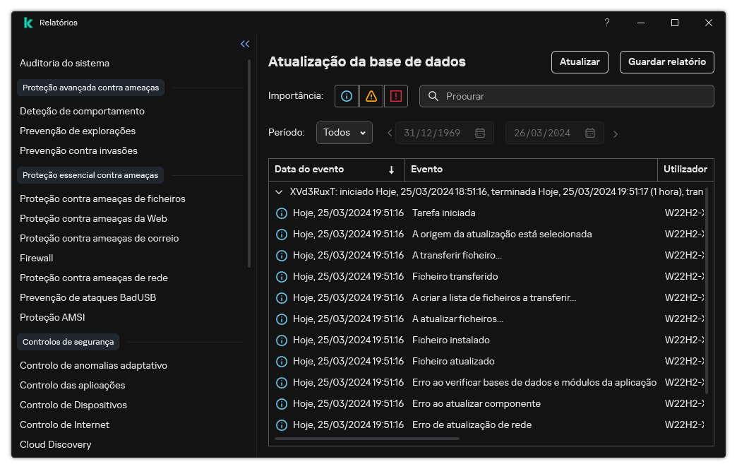 Uma janela com a lista de eventos no relatório. O utilizador pode filtrar/ordenar eventos e guardar relatórios num ficheiro.