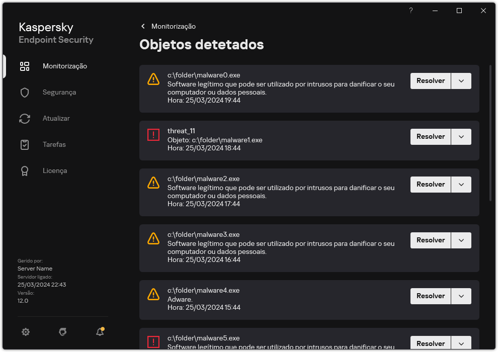 Uma janela com a lista de objetos detetados. As informações sobre o objeto são exibidas. O utilizador pode resolver ou remover o objeto.