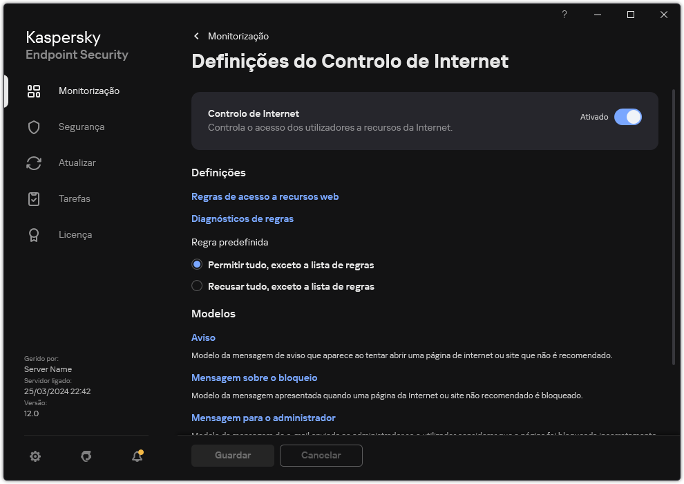 Janela de definições do Controlo de Internet.
