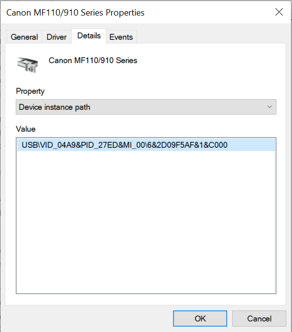 Janela de propriedades da impressora no Gestor de Dispositivos.