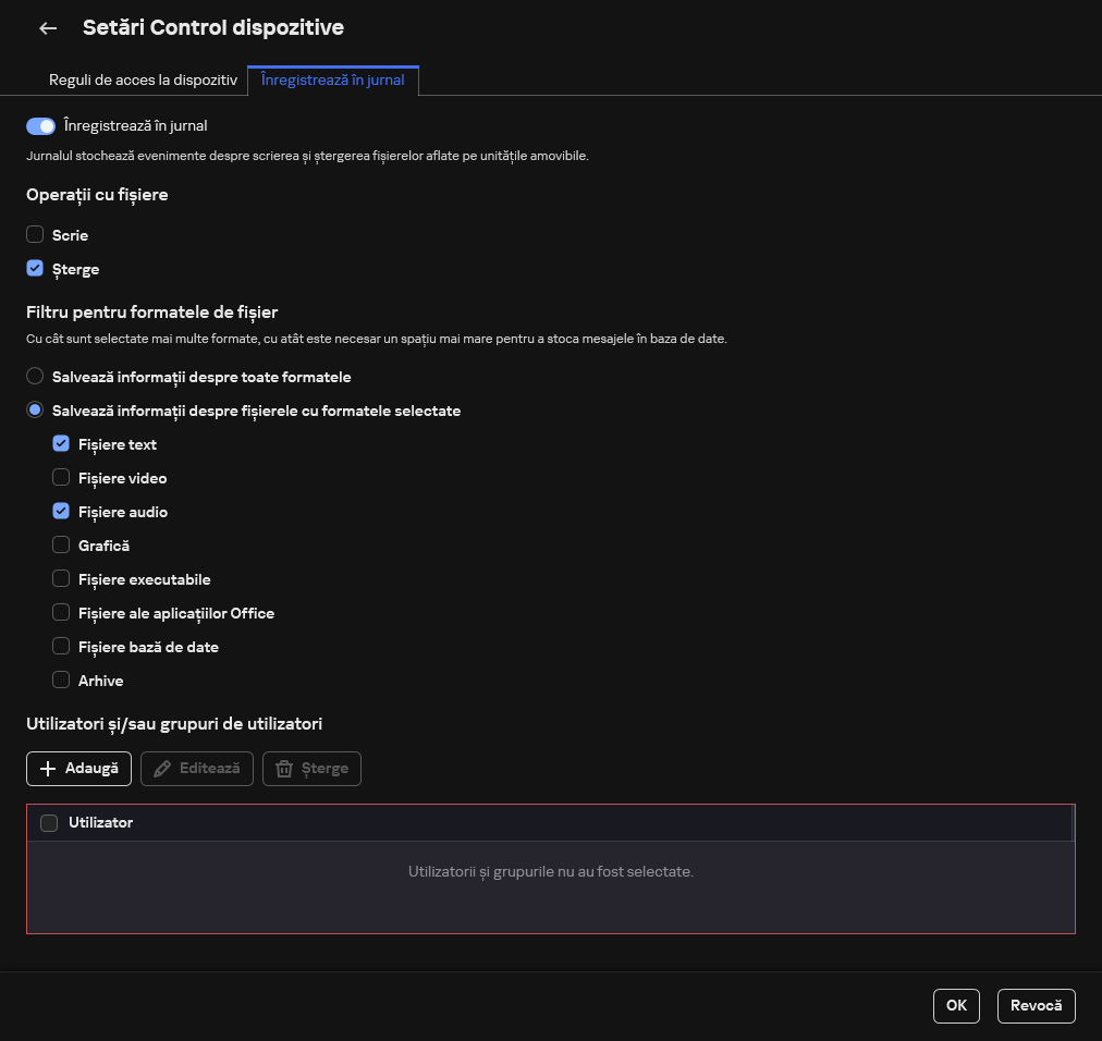 Fereastra pentru configurarea înregistrării în jurnal a evenimentelor despre utilizarea unităților amovibile. Utilizatorul poate selecta evenimentele care urmează să fie înregistrate în jurnal.