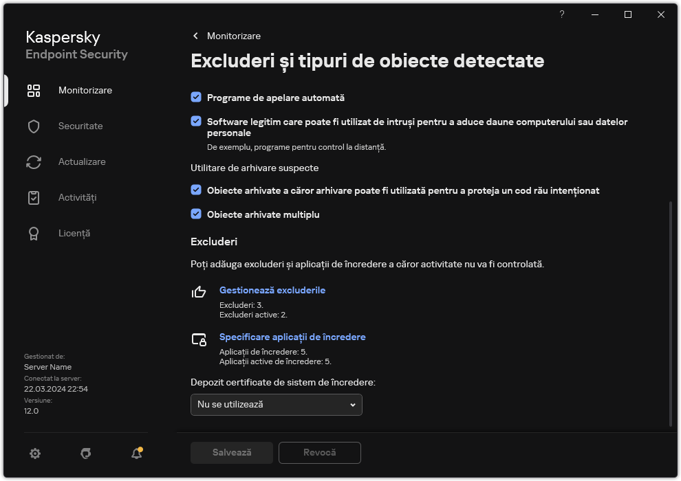 Fereastra cu setările excluderilor. Utilizatorul poate adăuga excluderi și aplicații de încredere.