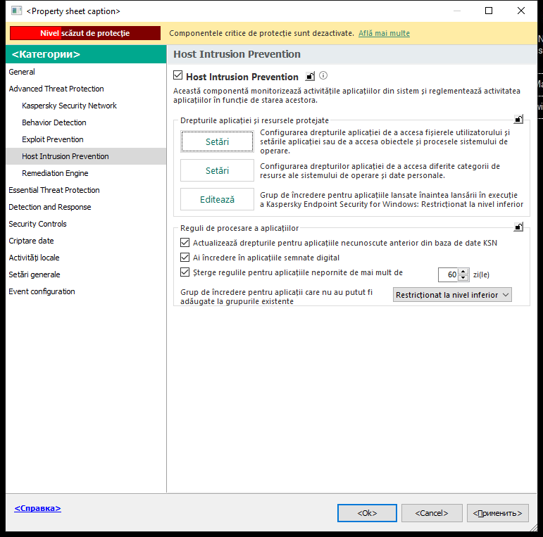 Fereastra de setări Intrusion Prevention
