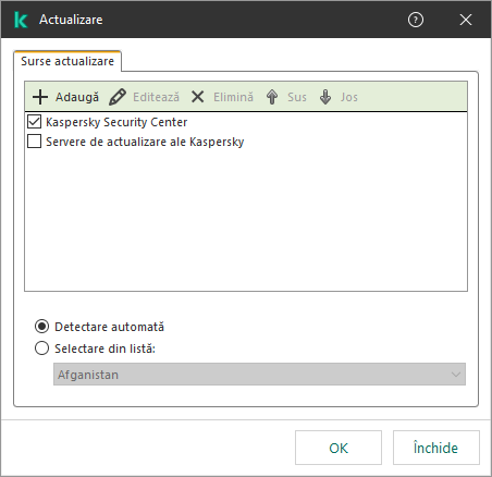 O fereastră cu lista surselor de actualizare. Utilizatorul poate adăuga surse de actualizare și poate atribui o prioritate sursei.