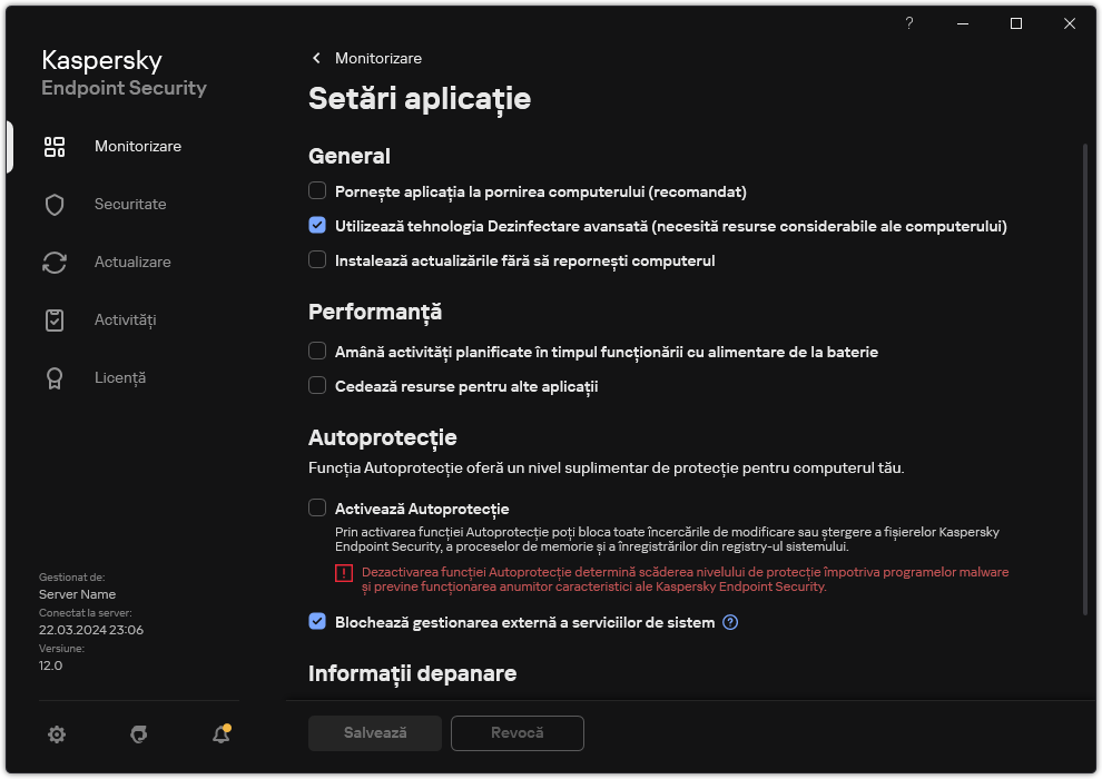 Fereastra cu setările aplicației. Utilizatorul poate configura performanța, autoprotecția și alte setări.