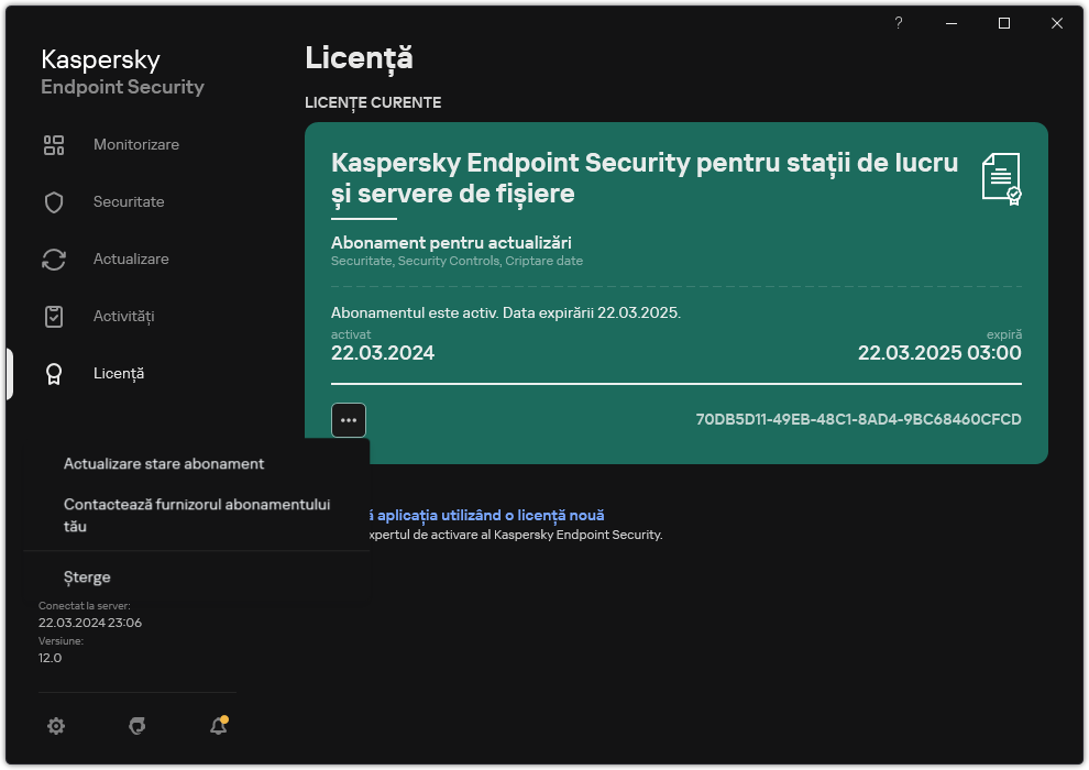 Fereastra cu informații despre licență. Utilizatorul poate actualiza starea abonamentului, poate contacta furnizorul abonamentului sau poate elimina licența.